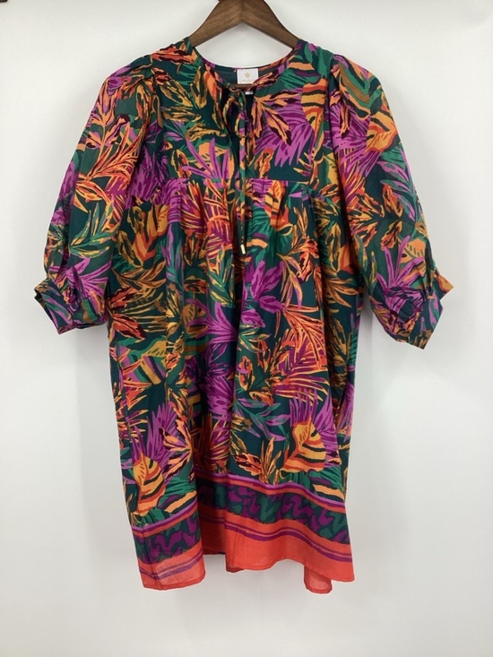 J.Marie Asher Vibrant Green Tropical Print Puff Sleeve Mini Dress with Tie Neck